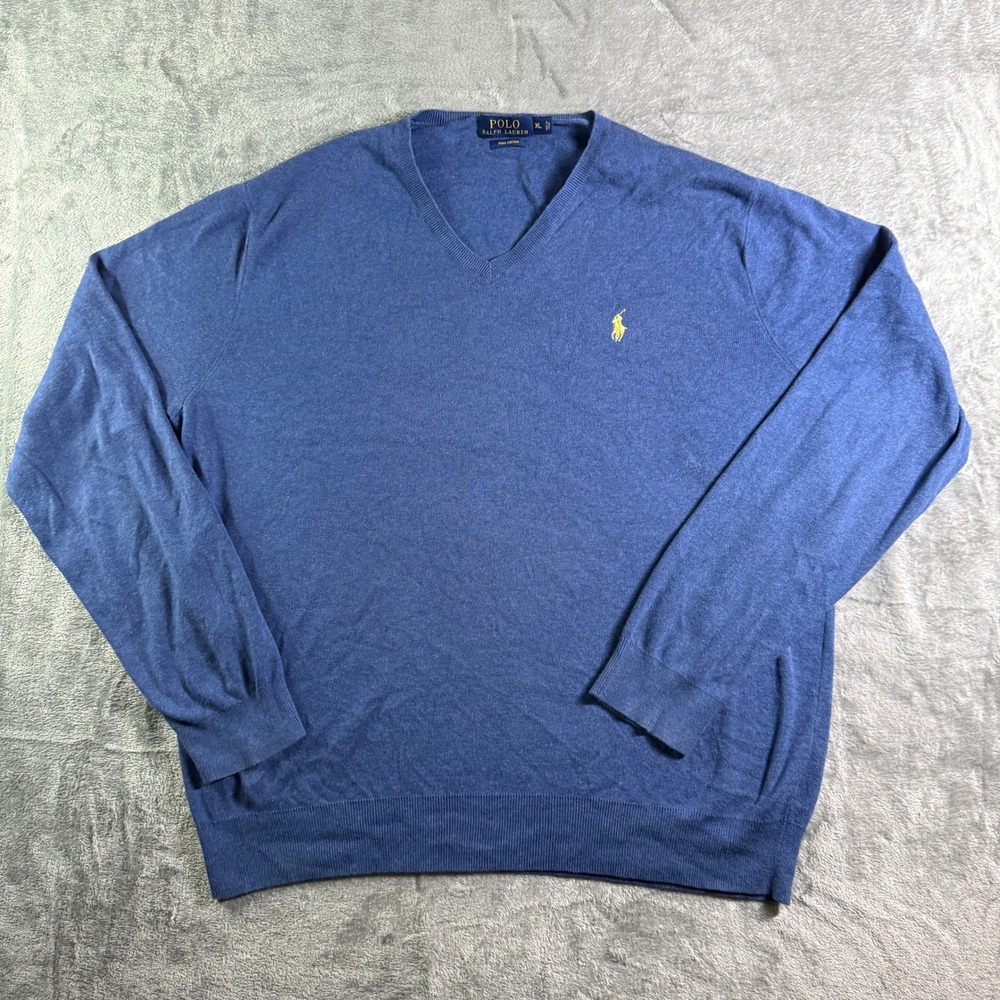 Polo Ralph Lauren Pima Cotton V-Neck Sweater Classic Fit Blue XL (Read)